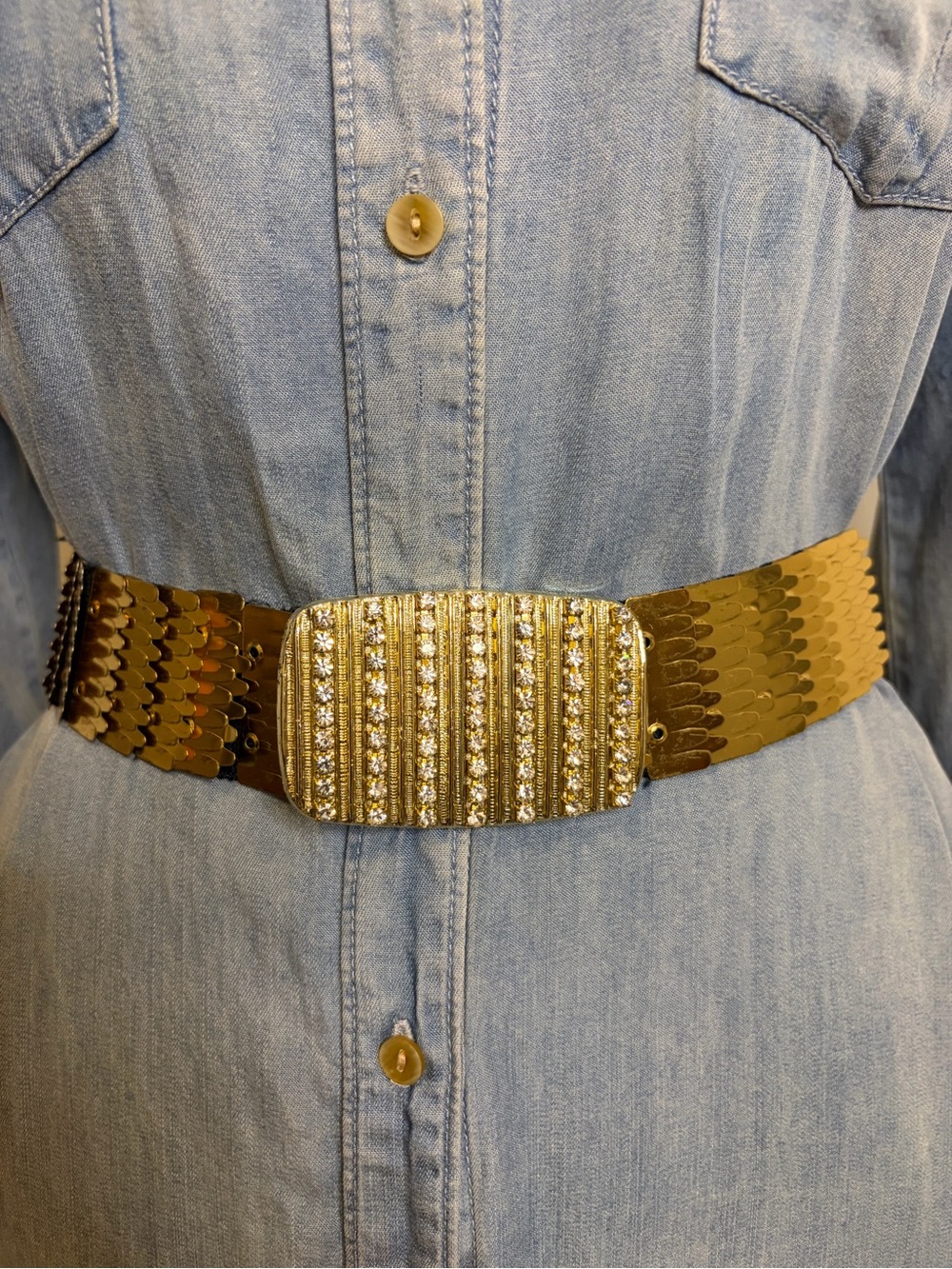Vintage 80s Gold Metallic Scale Elastic Belt Rhinestone Buckle SIZE LARGE/X-LG
